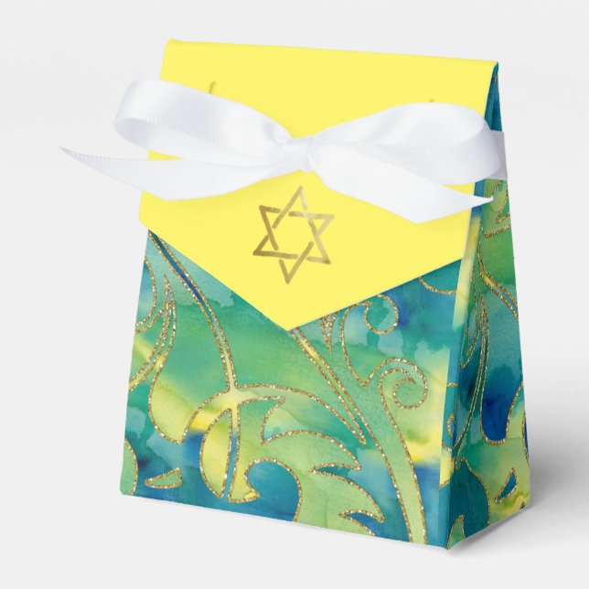 Bat Mitzvah Turquoise Green Yellow Watercolor Favor Box (Front Side)
