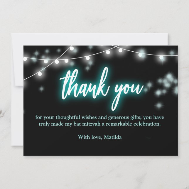 Bat Mitzvah Turquoise Neon Themed Thank You Card (Front)