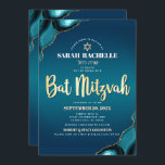Bat Mitzvah Turquoise Ombre Agate Gold Script Bold Invitation<br><div class="desc">Be proud, rejoice and showcase this milestone of your favourite Bat Mitzvah! Send out this cool, unique, modern, personalized, Hebrew name invitation for an event to remember. Faux gold foil script typography, white sans serif typography, and a faux gold Star of David overlay a deep turquoise teal blue ombre background...</div>