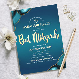 Bat Mitzvah Turquoise Ombre Agate Gold Script Chic Invitation