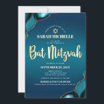 Bat Mitzvah Turquoise Ombre Agate Gold Script Chic Invitation<br><div class="desc">Be proud, rejoice and showcase this milestone of your favourite Bat Mitzvah! Send out this cool, unique, modern, personalized invitation for an event to remember. Faux gold foil script typography, white sans serif typography, and a faux gold Star of David overlay a deep turquoise teal blue ombre background with turquoise...</div>