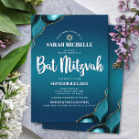 Bat Mitzvah Turquoise Ombre Agate Modern Script Invitation<br><div class="desc">Be proud, rejoice and showcase this milestone of your favourite Bat Mitzvah! Send out this cool, unique, modern, personalized invitation for an event to remember. White script typography and a faux gold Star of David overlay a deep turquoise teal blue ombre background with turquoise blue agate accented with faux gold...</div>