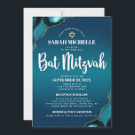 Bat Mitzvah Turquoise Ombre Agate Script Modern Invitation<br><div class="desc">Be proud, rejoice and showcase this milestone of your favourite Bat Mitzvah! Send out this cool, unique, modern, personalized invitation for an event to remember. White script typography and a faux gold Star of David overlay a deep turquoise teal blue ombre background with turquoise blue agate accented with faux gold...</div>