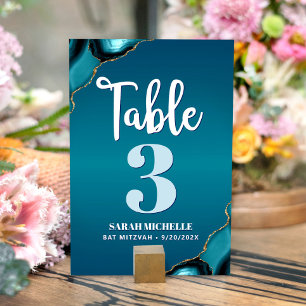 Bat Mitzvah Turquoise Ombre Agate Script Modern Table Number