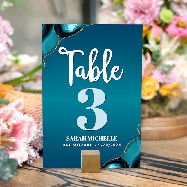 Bat Mitzvah Turquoise Ombre Agate Script Modern Table Number (Creator Uploaded)