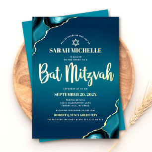 Bat Mitzvah Turquoise Ombre Agate Script Real Gold