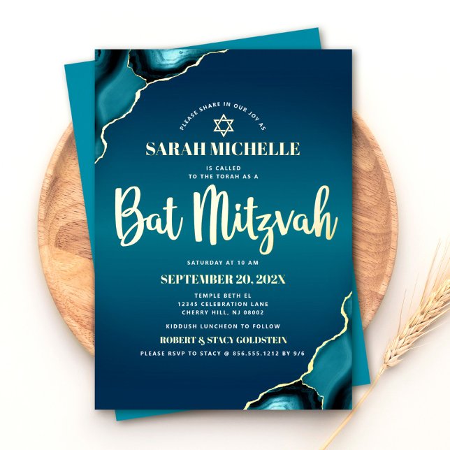 Bat Mitzvah Turquoise Ombre Agate Script Real Gold (Creator Uploaded)