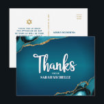 Bat Mitzvah Turquoise Ombre Agate Script Thank You Postcard<br><div class="desc">Make sure your favourite Bat Mitzvah shows his appreciation to all who supported her milestone event! Send out this cool, unique, modern, personalized thank you postcard. White handwritten script and bold sans serif typography overlay a deep teal blue ombre background with turquoise blue agate accented with faux gold veins. A...</div>