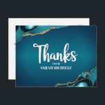 Bat Mitzvah Turquoise Ombre Agate Script Thank You Postcard<br><div class="desc">Make sure your favourite Bat Mitzvah shows his appreciation to all who supported her milestone event! Send out this cool, unique, modern, personalized thank you postcard. White handwritten script and bold sans serif typography overlay a deep teal blue ombre background with turquoise blue agate accented with faux gold veins. A...</div>