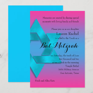 Bat Mitzvah Turquoise to Pink Ombre with Star Invitation