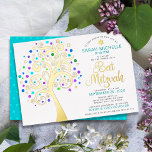 Bat Mitzvah Turquoise Tree o Life Script Real Gold<br><div class="desc">Be proud, rejoice and showcase this milestone of your favourite Bat Mitzvah! This graphic real gold foil tree with sparkly turquoise, teal, purple and blue Star of David and dot “leaves” on a white background is the perfect invitation for this special occasion. A tiny, light turquoise blue Star of David...</div>