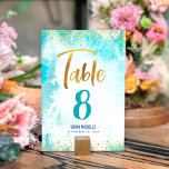 Bat Mitzvah Turquoise Watercolor Girly Gold Script Table Number<br><div class="desc">No Bat Mitzvah party is complete without personalized table number cards. Let your favourite Bat Mitzvah be proud, rejoice and celebrate her milestone at her perfectly coordinated party. Stunning, modern, sparkly gold faux foil handwritten script and tiny dots overlay a turquoise blue watercolor background. Personalize the custom text with the...</div>