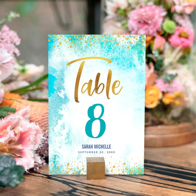 Bat Mitzvah Turquoise Watercolor Girly Gold Script Table Number (Creator Uploaded)