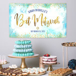 Bat Mitzvah turquoise watercolor gold foil script Banner<br><div class="desc">Be proud, rejoice and showcase this milestone of your favorite Bat Mitzvah! Hang up this stunning, modern, stylish, personalized banner to add to her special day. Sparkly, gold faux foil calligraphy script and glitter dots overlay a turquoise watercolor background. Personalize the custom text with your Bat Mitzvah’s name and date...</div>