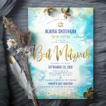 Bat Mitzvah turquoise watercolor gold foil script  Invitation<br><div class="desc">Be proud, rejoice and showcase this milestone of your favourite Bat Mitzvah! Send out this stunning, modern, sparkly gold faux foil and glitter dots and typography script against a turquoise watercolor background, personalized invitation for an event to remember. Personalize the custom text with your Bat Mitzvah’s name, Hebrew name, date,...</div>
