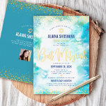 Bat Mitzvah turquoise watercolor photo real gold<br><div class="desc">Be proud, rejoice and showcase this milestone of your favorite Bat Mitzvah! Send out this stunning, modern, Hebrew name, personalized photo or QR code invitation for an event to remember. Sparkly real gold foil script, glitter dots, Star of David and handwritten script typography overlay a turquoise blue watercolor background. On...</div>