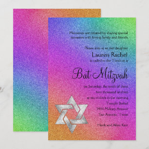 Bat Mitzvah Very Colourful Rainbow with Silver Sta Invitation