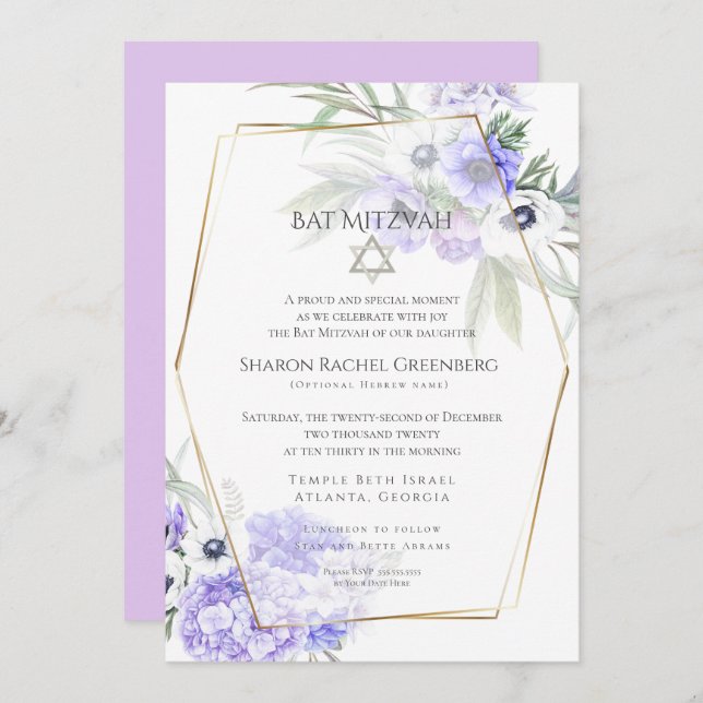 BAT MITZVAH | Violet Anemone Floral Verse 2 Invitation (Front/Back)