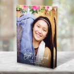 Bat Mitzvah Watercolor Floral Chic Script Keepsake Photo Block<br><div class="desc">Be proud, rejoice and showcase this milestone of your favourite Bat Mitzvah with this sophisticated, personalized keepsake custom photo block! A chic, stunning, pink and peach floral watercolor with white script typography and modern sans serif type overlay the photo of your choice. Personalize the custom text with your Bat Mitzvah’s...</div>
