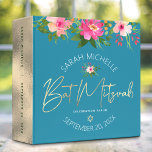 Bat Mitzvah Watercolor Floral Gold Script Blue Binder<br><div class="desc">Let your favorite Bat Mitzvah be proud, rejoice and celebrate her milestone with this stunning keepsake scrapbook memory album. A stunning, pink and peach floral watercolor with faux gold foil Star of David and script typography, along with white modern san serif type overlay a dusty turquoise teal blue background. Additional...</div>