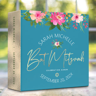 Bat Mitzvah Watercolor Floral Gold Script Blue Binder