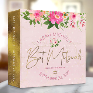 Bat Mitzvah Watercolor Floral Gold Script Pink Binder