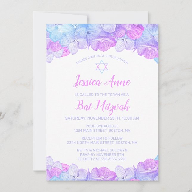 Bat Mitzvah Watercolor Floral Pink Blue Hydrangea Invitation (Front)