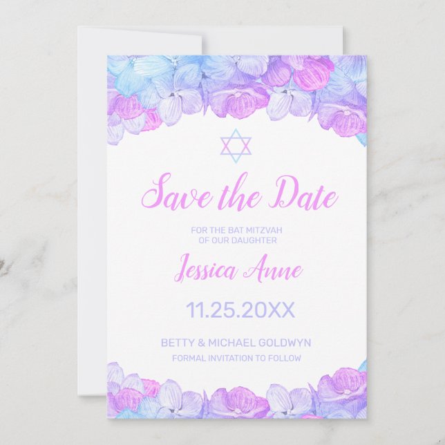 Bat Mitzvah Watercolor Floral Pink Save the Date (Front)