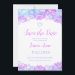 Bat Mitzvah Watercolor Floral Pink Save the Date<br><div class="desc">Shades of pink, lavender and aqua blue hydrangea flowers and a Star of David decorate this elegant watercolor Bat Mitzvah Save the Date card. This design features a floral border at the top and bottom. Your celebration details may be personalized in a modern script typography in pink and lavender. The...</div>