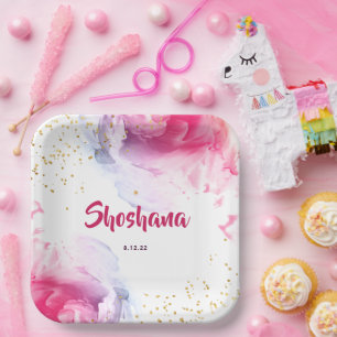 Bat Mitzvah Watercolor Glitter Pink Purple Paper P Plate