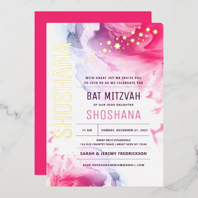 Bat Mitzvah Watercolor Invitation with REAL GOLD   (Front/Back)