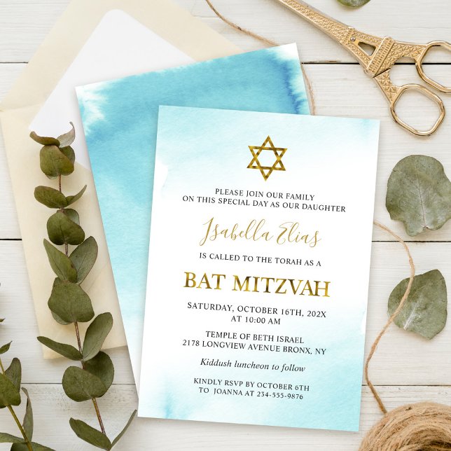 Bat Mitzvah Watercolor Pastel Blue Gold Invitation (Creator Uploaded)