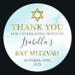 Bat Mitzvah Watercolor Pastel Blue Gold Thank You Classic Round Sticker<br><div class="desc">Bat Mitzvah Watercolor Pastel Blue Gold Thank You Classic Round Sticker</div>