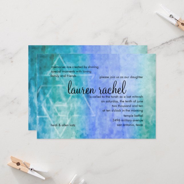 Bat Mitzvah Watercolor Streaks Blue Star of David Invitation (Front/Back In Situ)