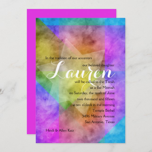 Bat Mitzvah Watercolor Vibrant Colourful Star Invitation (Front/Back)