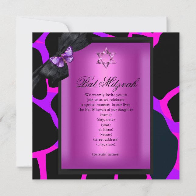 Bat Mitzvah Wild Pink Purple Butterfly Invitation (Front)