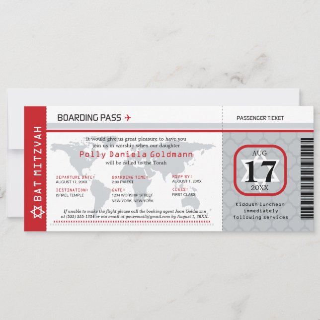 Bat Mitzvah World Traveller Boarding Pass Invitation (Front)