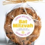 Bat Mitzvah Yellow Bold Hot Pink Typography Cool Classic Round Sticker<br><div class="desc">Be proud, rejoice and showcase this milestone of your favourite Bat Mitzvah! Use this bold pop, personalized sticker to add to her special day. Fun, groovy, bold hot pink, yellow and dark grey modern sans serif typography and Star of David overlay a clean white background. Personalize the custom text with...</div>