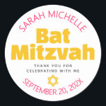 Bat Mitzvah Yellow Bold Hot Pink Typography Cool Classic Round Sticker<br><div class="desc">Be proud, rejoice and showcase this milestone of your favourite Bat Mitzvah! Use this bold pop, personalized sticker to add to her special day. Fun, groovy, bold hot pink, yellow and dark grey modern sans serif typography and Star of David overlay a clean white background. Personalize the custom text with...</div>