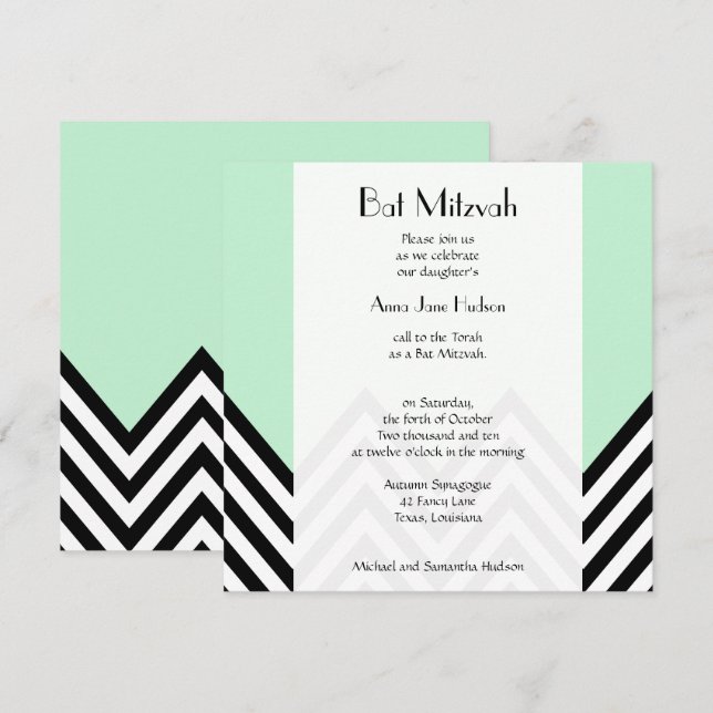 Bat Mitzvah - Zigzag, Chevron - Mint Green, Black Invitation (Front/Back)