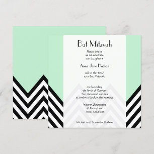 Bat Mitzvah - Zigzag, Chevron - Mint Green, Black Invitation