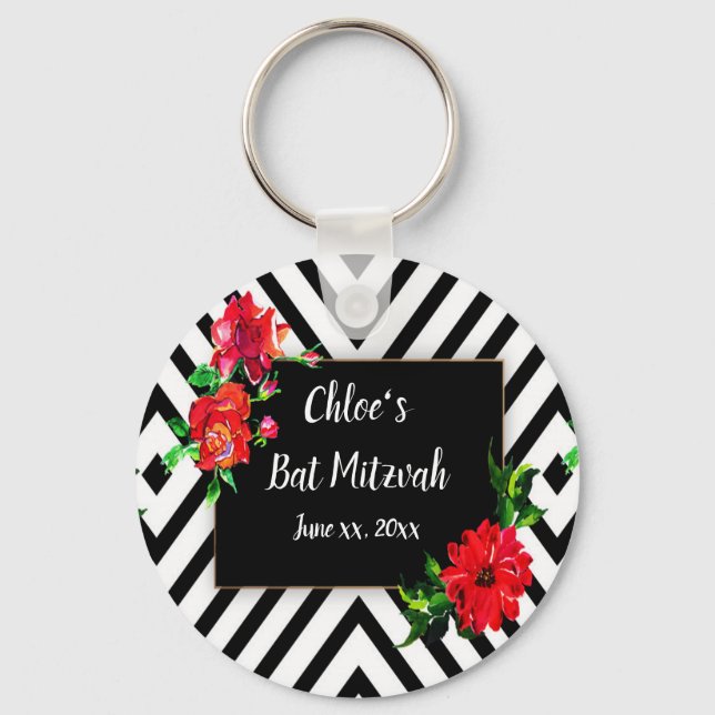 Bat Mizvah, Modern Stripes, Red Roses, Favour Keychain (Front)