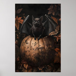 Bat on Pumpkin Fall Print, Dark Academia Gothic Poster