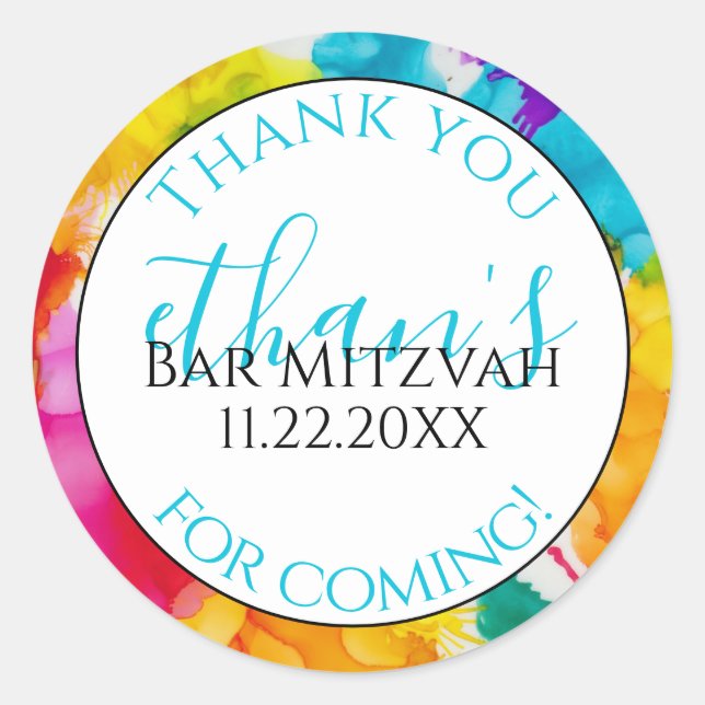 Bat or Bar Mitzvah A Splash of Colour Round Sticke Classic Round Sticker (Front)