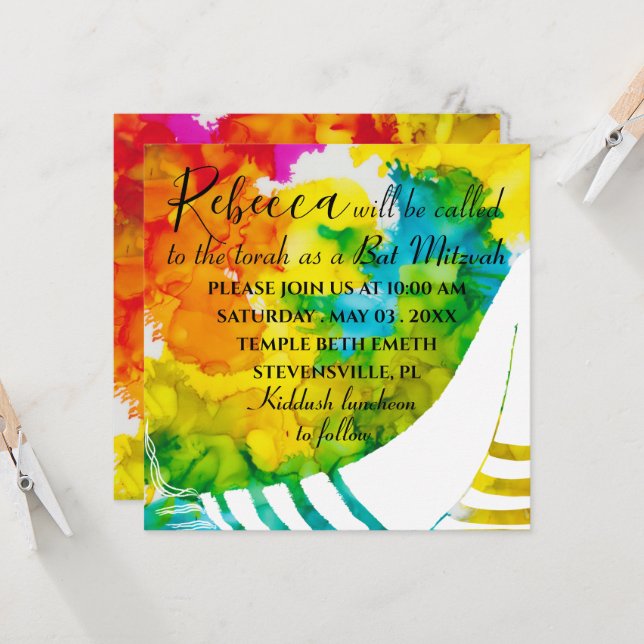 Bat or Bar Mitzvah Colourful Square Invitation (Front/Back In Situ)