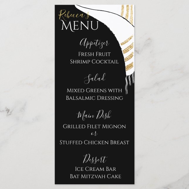 Bat ou Bar Mitzvah Black/Gold Food Menu (Devant)
