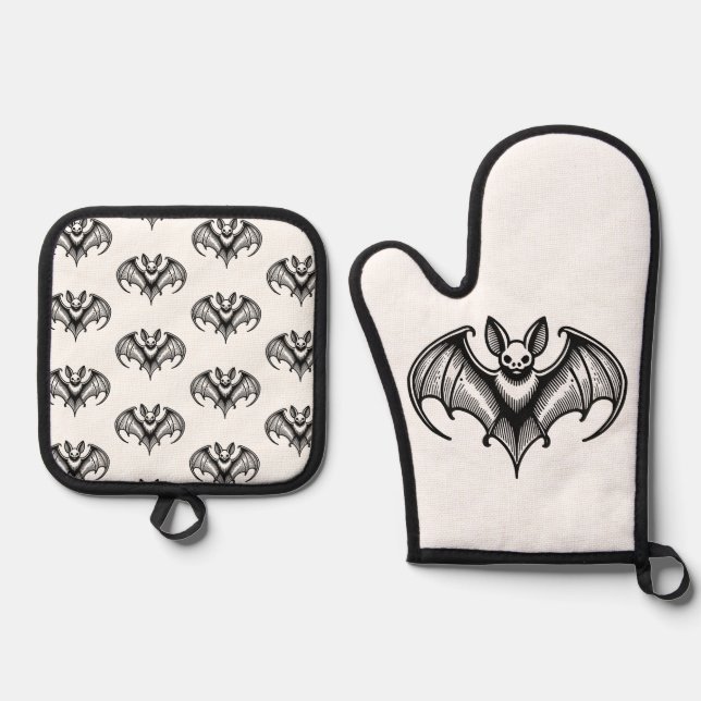 Bat Patterned Oven Mitt and Pot Holder set (Front)