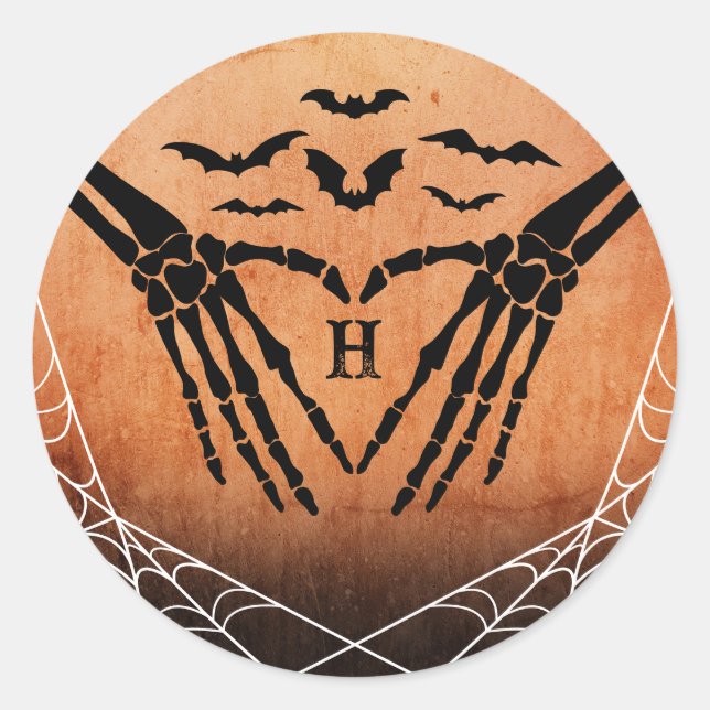 Bat Skeleton Heart Monogram Goth Halloween Wedding Classic Round Sticker (Front)