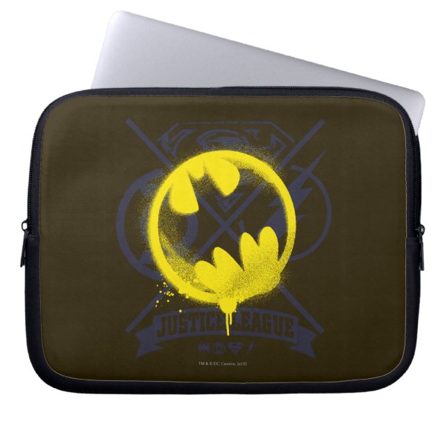 Bat Symbol Tagged Over Justice League Laptop Sleeve (Front)