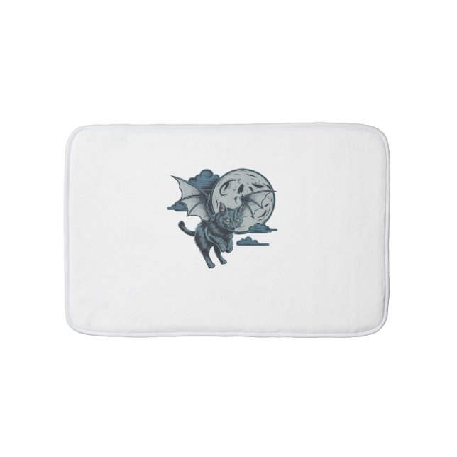 Bat-Winged Cat Scary Halloween Full Moon  Bath Mat (Front)